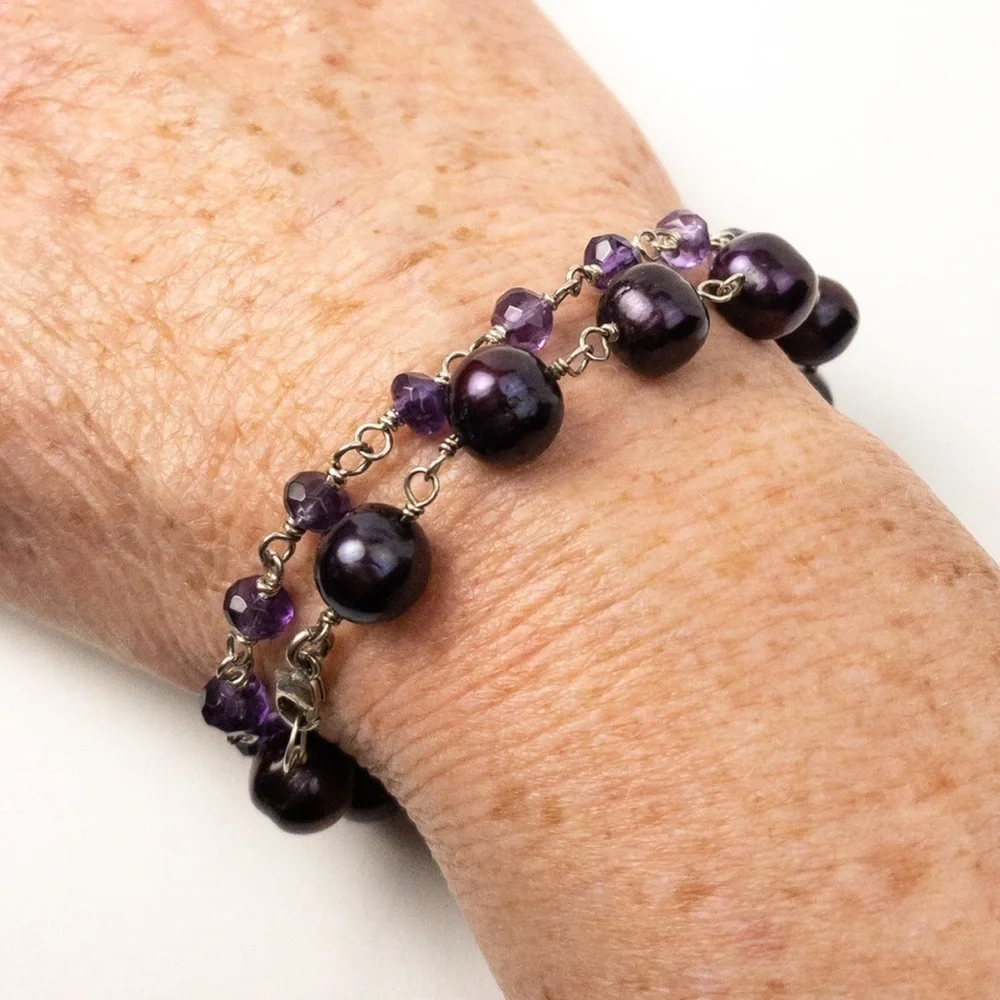 Freshwater Pearls Sterling Bracelet 925 Silver Handcrafted 9-10mm Purple Plum